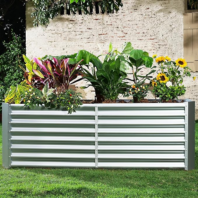 Land Guard 6×3×2 ft Galvanized Metal Raised Garden Bed, 2FT Deep Root Elevated Planter Box Steel Large Vegetable Flower Bed Kit（Silver）-Ruum Studio Home