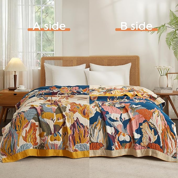 Boho Throw Blanket for Bed 60”x80”, 100% Cotton Woven Blanket for Couch Sofa, Ultra Soft 4-Layer Muslin Quilt with Floral Printed, Farmhouse Bed Blanket/Cover for Living Room Decor-Ruum Studio Home