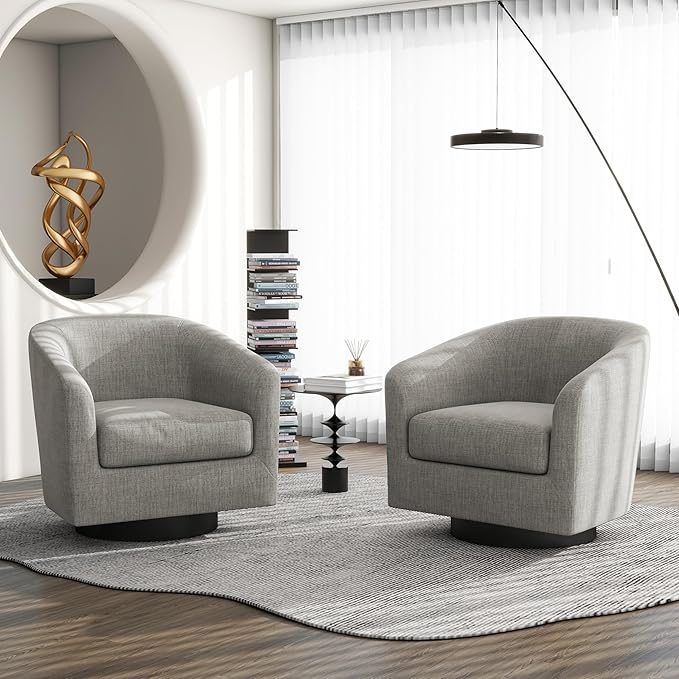 Swivel Barrel Accent Chair, Modern Round Linen Arm Chair for Living Room, Bedroom, Comfy Club Reading Chairs for Adults（Linen Fabric, Khaki, Set of 1-Ruum Studio Home