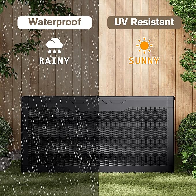JUMMICO 100 Gallon Resin Deck Box, Waterproof Outdoor Storage Box with Lockable Lid for Garden Tools, Patio Cushions (Black)-Ruum Studio Home