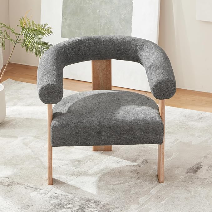 VKNOW Accent Chair Living Room Chair, Modern Upholstered Armchair with Solid Wood Legs, Comfy Barrel Arm Chairs for Living Room Bedroom, Dark Grey-Ruum Studio Home