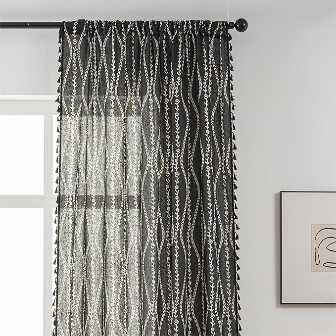 Sutuo Home Boho Curtains 84 Inches Long for Bedroom Living Room Nursery, Bohemian Vintage Tassels Window Treatment Drape for Halloween Decorations Rod Pocket, 1 Panel 59"W x 84"L,Black Stripe Floral-Ruum Studio Home
