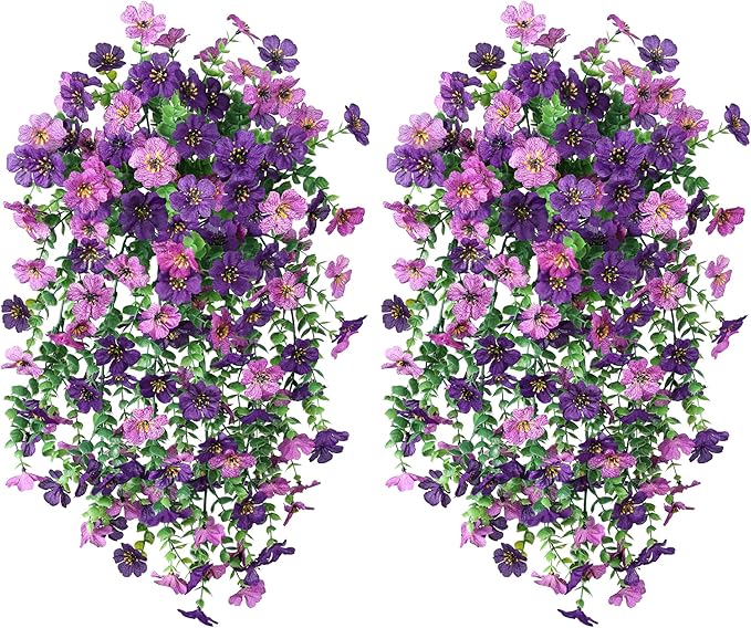 Artificial Faux Hanging Flowers Plants for Spring Outdoor Outside Decoration, 2 PCS Fake Silk Daisy with Eucalyptus UV Resistant Realistic Trailing Vines for Balcony Patio Porch (Darkpurple+Purple)-Ruum Studio Home