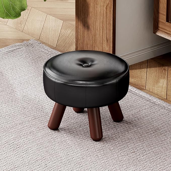 13in Small Foot Stool Ottoman, Round Faux Leather Foot Rest, Footstool Ottomans with Rubber Legs Under Desk, Footrest for Couch, Living Room, Bedroom, Office, 13''L x 13''W x 10.2''H, Black-Ruum Studio Home