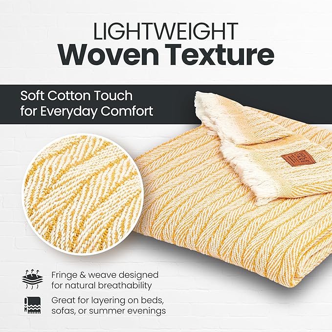Gold Case Throw Blanket for Couch – 100% Recycled Turkish Cotton Blankets & Throws – Elegant Decorative Throw Blankets for Living Room Sofa – Woven Throws for Couch – Vintage Mustard – 50x60-Ruum Studio Home