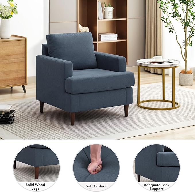 Mid-Century Accent Chair,Modern Linen Fabric Armchair for Living Room,Comfy Upholstered Reading Accent Chairs for Bedroom,Single Sofa Chair with Wood Legs (Blue Grey, 2 Pack)-Ruum Studio Home