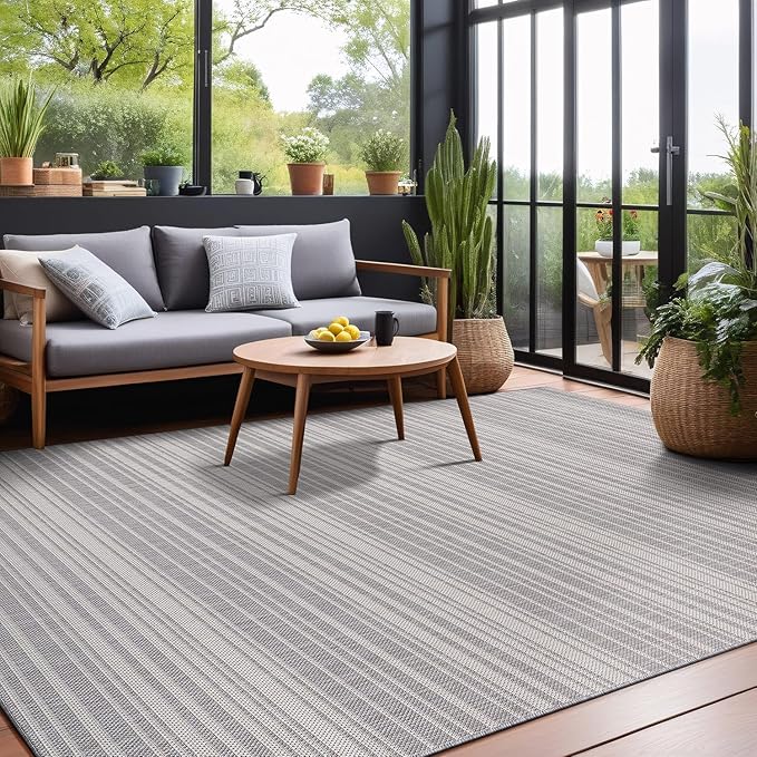 Stripe Outdoor Rug 9x12 Washable Outside Carpet for Indoor Patio Porch Waterproof Easy Cleaning Non Shedding Area Rugs Gray 9 x 12-Ruum Studio Home