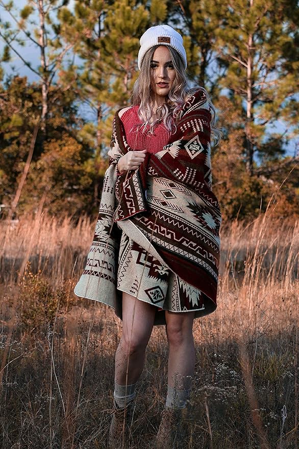 Inca Aztec Throw, Queen, King Blanket | Southwest Indian Navajo Boho Style | Native Cover for Camping, Bedding, Couch, Vanlife | Faux Alpaca, Lightweight, Hypoallergenic (Vinincunca Maroon, Throw)-Ruum Studio Home