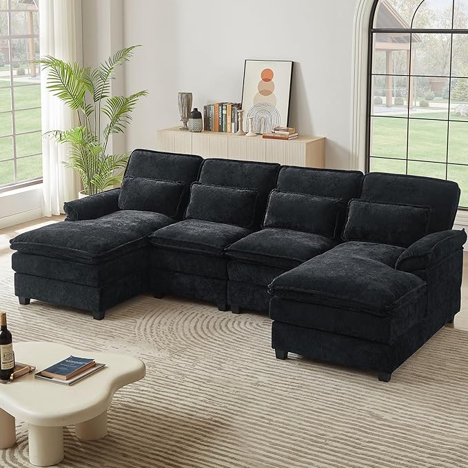 113" Oversized Cloud Couch, U Shape Sectional 4 Seat Sofa with Double Chaises, 2 Layer Cusions, Deep Seat Comfy Sofa, Upholstery Chenille Fabric for Living Room, Black-Ruum Studio Home
