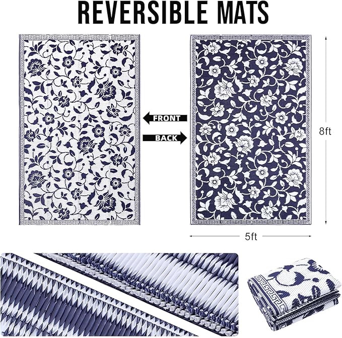 OLANLY Waterproof Outdoor Rug 5x8 ft, Outdoor Plastic Straw Rug with Flower Pattern, Reversible RV Mat for Patio, Camping, Balcony, Deck, Backyard, Navy & White-Ruum Studio Home