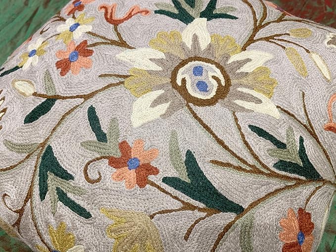 Beige Floral Pillow Cover Taupe Flower Traditional Hand Embroidered Pillowcase Traditional Outdoor Cushion Suzani Couch Flowery Needlepoint Chair Cushion Wool Size - 18x18-Ruum Studio Home