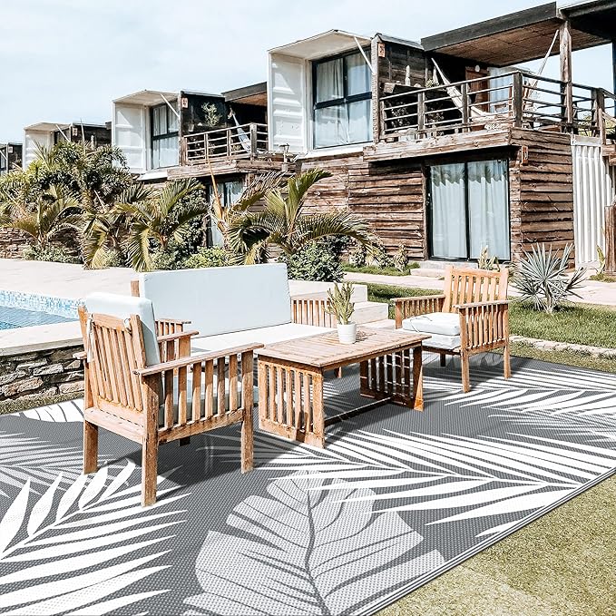 GENIMO Outdoor Rug 10' x 20' Waterproof for Patios Clearance, Reversible Outdoor Plastic Straw Camping Rug Carpet, Large Area Rugs Mats for RV, Camper, Deck, Balcony, Porch, Beach, Picnic, Grey&White-Ruum Studio Home