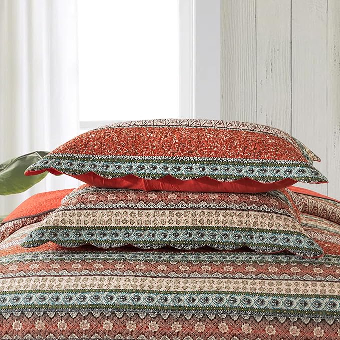 NEWLAKE Cotton Bedspread Quilt Sets - Reversible Patchwork Coverlet Set, Red Striped Jacquard Pattern, Oversized King Size-Ruum Studio Home