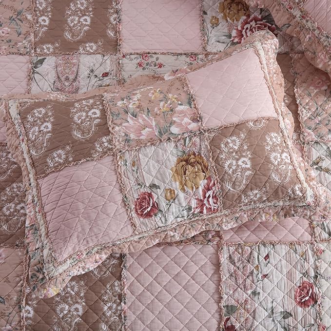 NEWLAKE Quilt Set Queen Size, Cotton Patchwork Pink Floral Quilt Sets, Real Stitched Embroidery Bedspread Lightweight and Breathable for All Seasons, Soft Quilted with 2 Pillow Shams-Ruum Studio Home