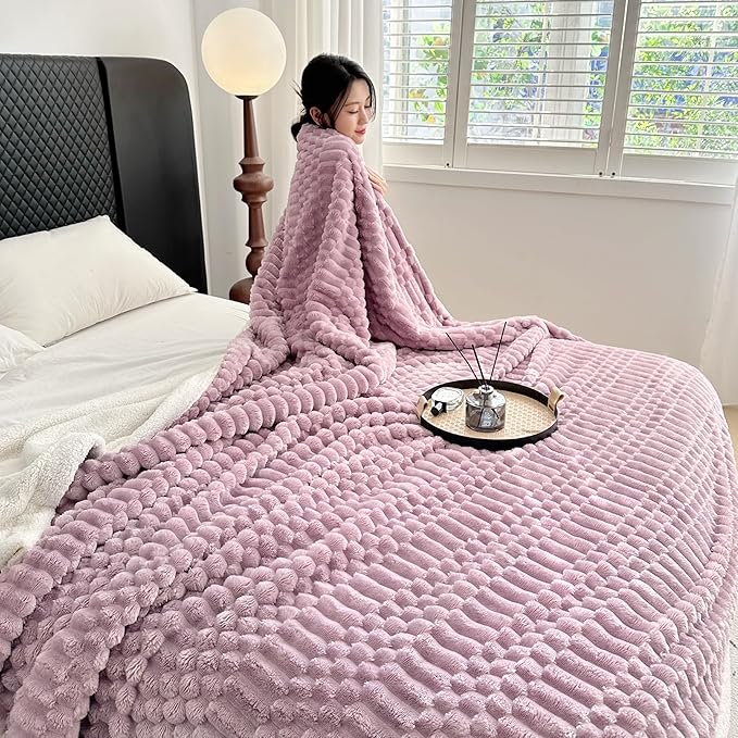 UKELER Sherpa Throw Blankets 60 × 80 inch, 470 GSM Striped Sherpa Fleece Blanket for All Season, Warm and Cozy Blanket for Couch Sofa Bed Office Camping, Purple-Ruum Studio Home