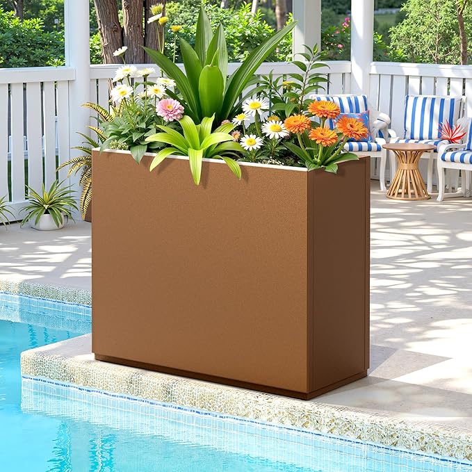 FENCY Metal Planter Box, Large Rectangular Planters for Outdoor Plants, Outdoor Tall Planters with Drainage Holes, Brown Metal Planters (30" L x 12" W x 24" H)-Ruum Studio Home