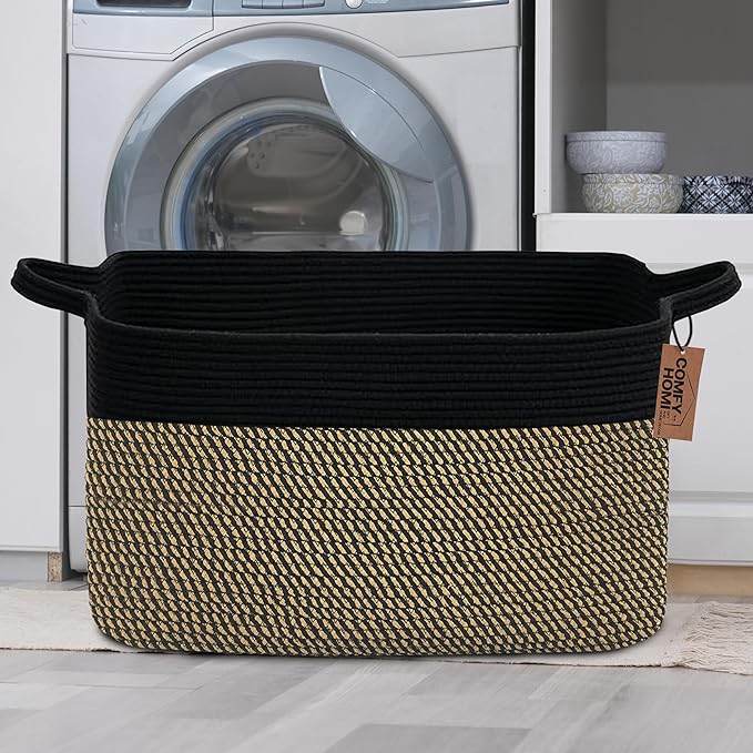 COMFY-HOMI Large Rectangular Blanket, Cotton Rope Woven for Storage, LaundryHamper, Storage,Toy Organizing Bin with Handle, Organizer and Storage-22x15x12-Black/Jute-Ruum Studio Home