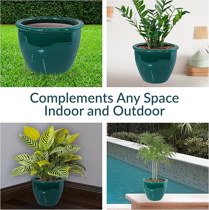 Sunnydaze Chalet Large Ceramic Plant Pot - Round Outdoor Glazed Ceramic Planter Pot with Drainage - Dark Green - 14.5"-Ruum Studio Home