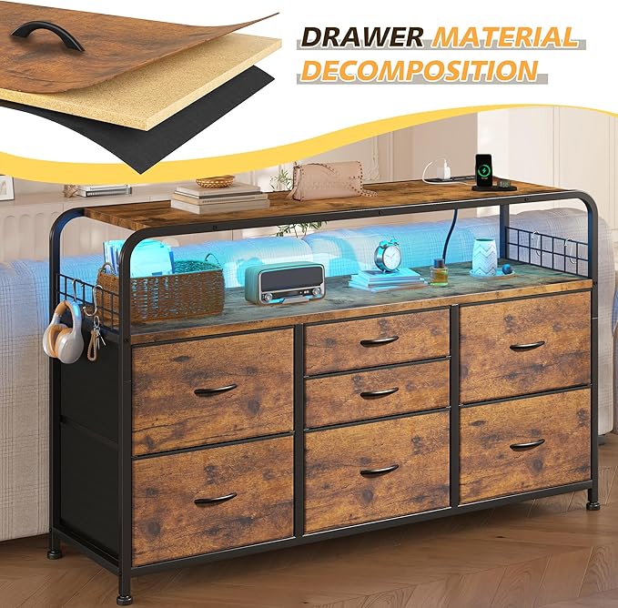 TV Stand for Bedroom with LED Lights & Charging Station, 7 Drawer with Open Shelf, Media Console for Living Room & Chest of Drawers for Closet, Entryway, Hallway, 4 Hooks, Rustic Brown-Ruum Studio Home