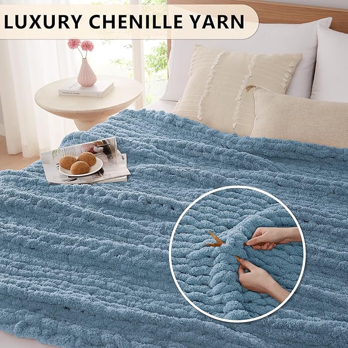 L'AGRATY Chunky Knit Blanket Throw: 50''x60'' Chenille Chunky Knitted Throw Blanket for Bed Couch - Handmade Thick Big Cable Knit Blanket - Large Crochet Rope Blanket for Home Decor(Airy Blue)-Ruum Studio Home