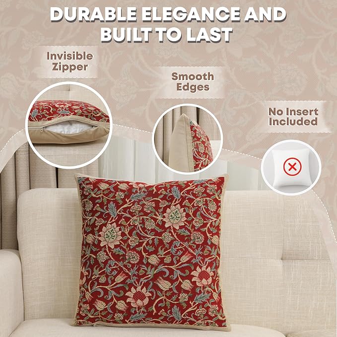 Charlotte Home Furnishings Throw Pillow Covers 16x16 in, Red Flowers Decorative Couch Pillow Cover, Boho Decor European Tapestry Cushion Cases, Living Room Cozy Home Decor, Jacquard Woven Soft Cotton-Ruum Studio Home