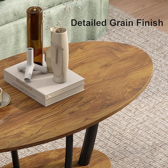 Manora Small Oval Coffee Table with Storage, Farmhouse Industrial Center Table for Living Room, Vintage Tea Table for Small Spaces, Rustic Brown-Ruum Studio Home