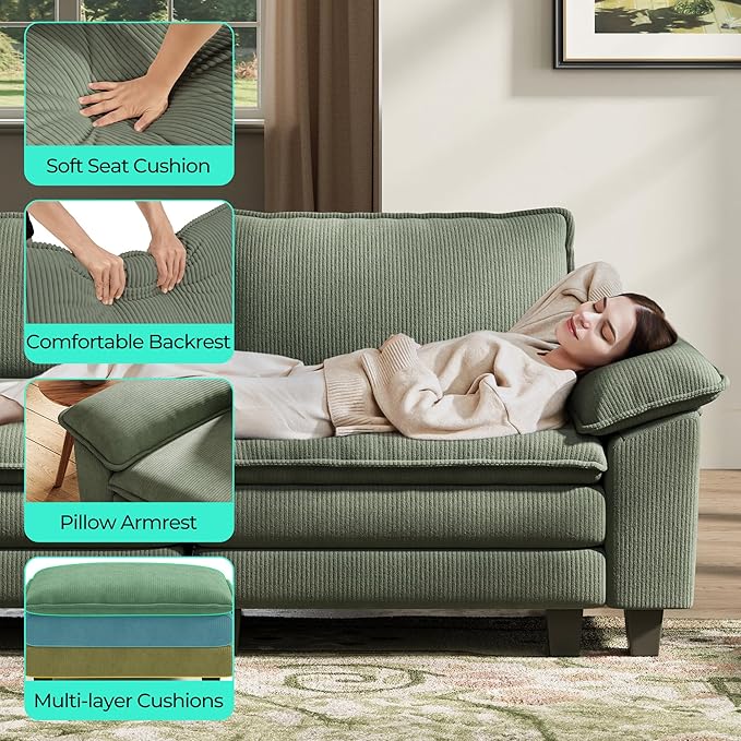 LINSY HOME Modular Sectional Sofa - 90'' Sleeper Sofa Cloud Couch Oversized Corduroy Sofa Bed with Movable Ottoman Soft Modern Comfy Couch for Living Room Apartment Office, Green-Ruum Studio Home