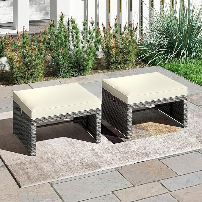 Tangkula 2 Pieces Patio PE Rattan Ottomans, Multipurpose Outdoor Footstool Footrest Additional Seating Side Table with Soft Zippered Cushions for Deck, Garden, and Yard (White)-Ruum Studio Home