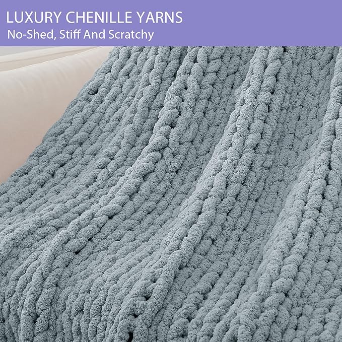 Bigacogo Chunky Knit Throw Blanket for Couch, 40x40 inches, 100% Hand Knitted with Thick Jumbo Chenille Yarn, Cozy Soft Large Rope Knot Cable Crochet Blankets for Sofa Bed Living Room, Dusty Blue-Ruum Studio Home