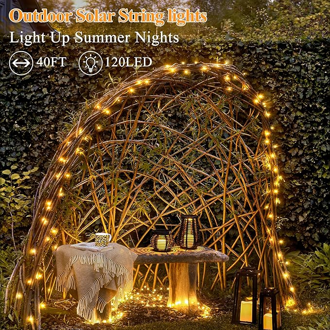 Solar String Lights 120LED 40FT, IP67 Waterproof Solar Lights for Outside with 8 Lighting Modes, Upgraded Solar Panel Fairy Lights for Garden Party Wedding Decorations (Warm White)-Ruum Studio Home