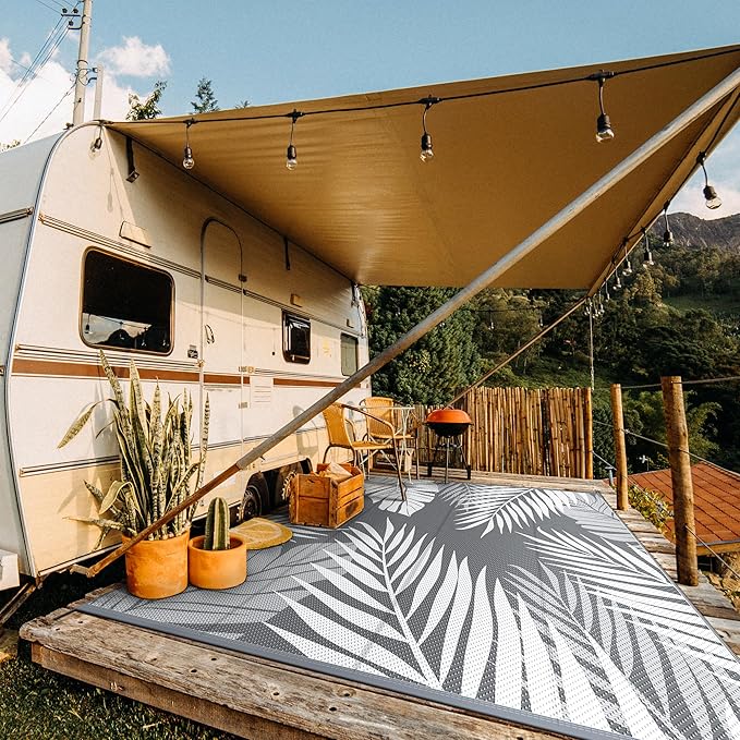 GENIMO Outdoor Rug 10' x 10' Waterproof for Patios Clearance, Reversible Outdoor Plastic Straw Camping Rug Carpet, Large Area Rugs Mats for RV, Camper, Deck, Balcony, Porch, Beach, Picnic, Grey&White-Ruum Studio Home