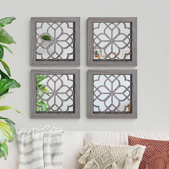 4pcs Farmhouse Wall Mirror with Carved Floral Design -Rustic Mirror Decor for Home, 12x12 inch(Brown)-Ruum Studio Home