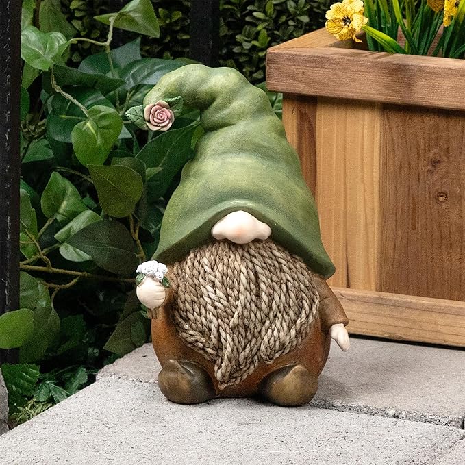 Alpine Corporation QWR1442 Outdoor Gnome with Green Hat Holding a Flower for Garden, Patio, and Lawn, 10" H, Multicolor-Ruum Studio Home