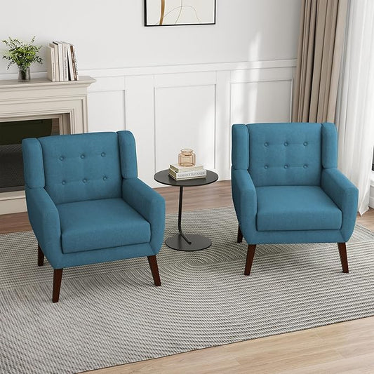 UIXE Accent Chair, Modern Upholstered Armchair in Fabric for Living Room, Comfy Club Arm Chairs Single Sofa Button Tufted Bedroom Reading Seat - Turquoise Blue, Set of 2-Ruum Studio Home
