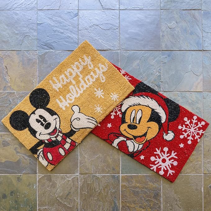 Gertmenian Disney Mouse Doormat Rug Retro Front Door Coir Mat Welcome Home Indoor Outdoor Entryway Carpet, 2-Pack 20x34, Mickey Happy Holidays/Snowflakes-Ruum Studio Home