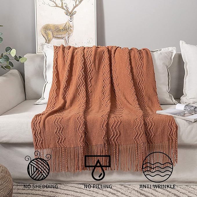 MIULEE Knitted Boho Throw Blanket for Couch Textured Knit Terracotta Rust Blanket with Tassels Cozy Woven Farmhouse Blanket for Sofa Bed Chair Wave Pattern Fall Decor 50"x60", Orange-Ruum Studio Home