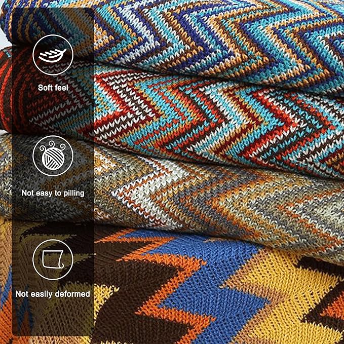Boho Throw Blanket - Bohemian Fringe Tassels， for Bed Couch Soft ChairBlanket Double Sided (50"x70") (Blue)-Ruum Studio Home