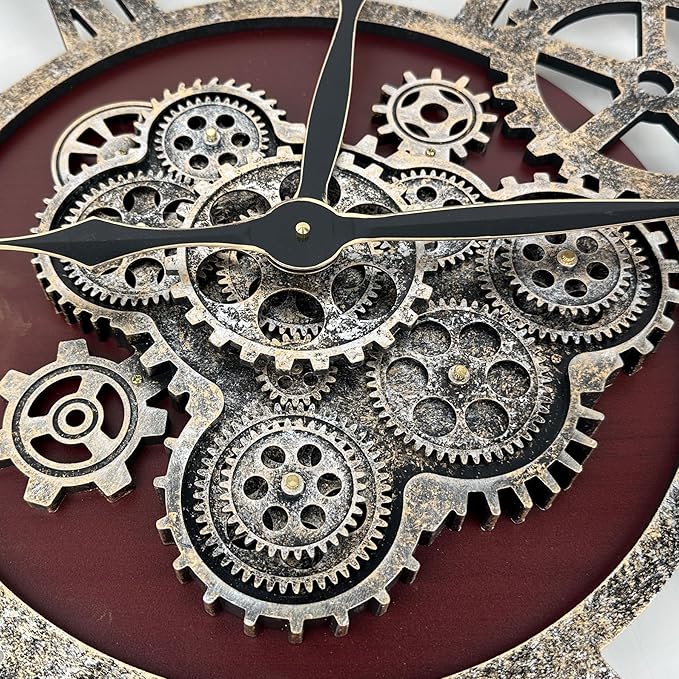The B-Style Large Real Moving Gears Wall Clock 30 inch Rustic Retro Industrial Farmhouse Wood Clock Oversized Decorative Vintage Wall Clocks for Living Room (Black walunt Wood and Bronze)-Ruum Studio Home