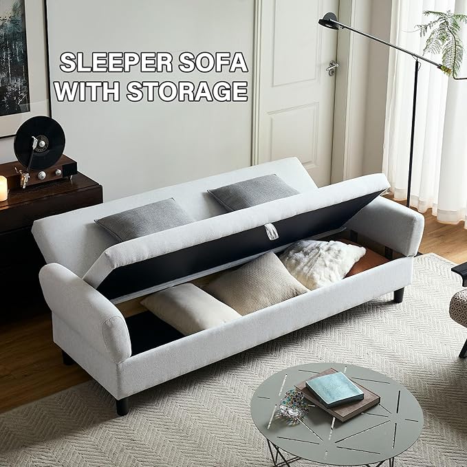 Convertible Futon Sofa Bed, 80.7" Adjustable Sleeper Sofa with Storage, 3-Seater Couch, 5-Position Reclining Back, 7" Thick Cushion, Twin Size Sofa for Small Spaces, Living Room, Bedroom, Dorm, Office-Ruum Studio Home