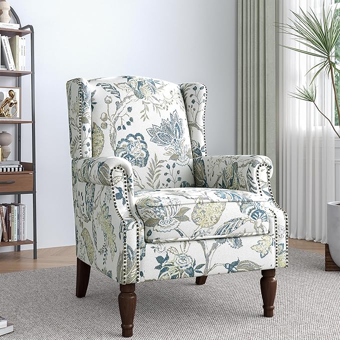 Lumibee High Back Accent Chair Set of 2, Armchair in Fabric,Comfy Upholstered Wingback Single Sofa Reading Chairs with Solid Wood Legs for Living Room,Bedroom,Office-Plants Blue-Ruum Studio Home
