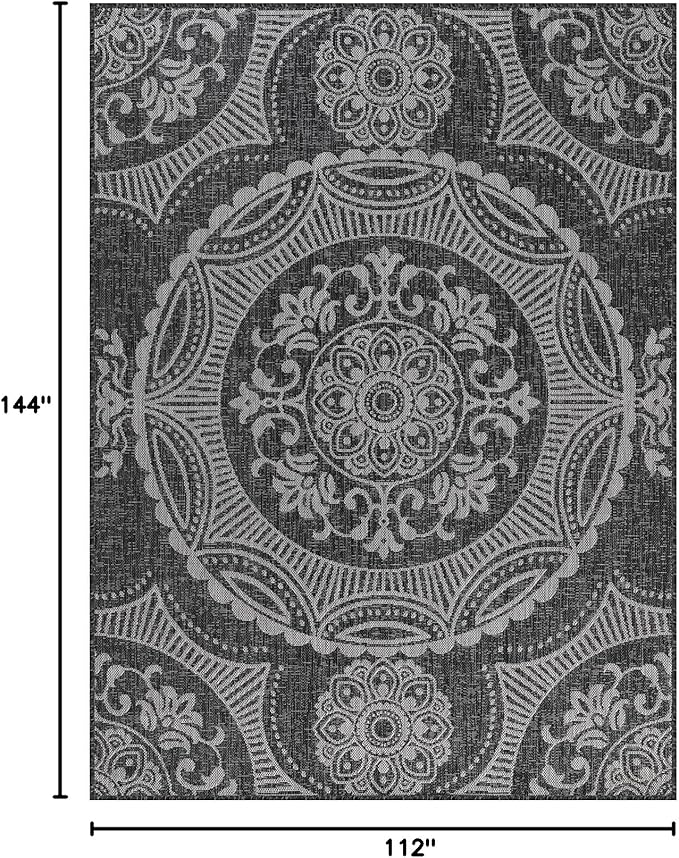 Medallion Outdoor Rug 9x12 Washable Outside Carpet for Indoor Patio Porch Waterproof Easy Cleaning Non Shedding Area Rugs Dark Gray 9 x 12-Ruum Studio Home