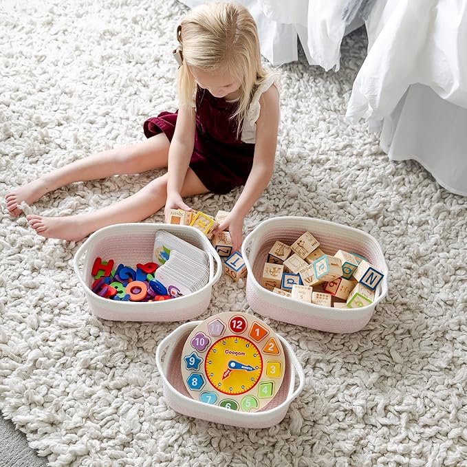 NaturalCozy 5-Piece Rectangle Storage Basket Set- Natural Cotton Rope Woven Baskets for Organizing! Small Basket for Montessori, Baby Nursery, Dog Toy Baskets, Cat Toy Box, Bathroom Organization Bin-Ruum Studio Home