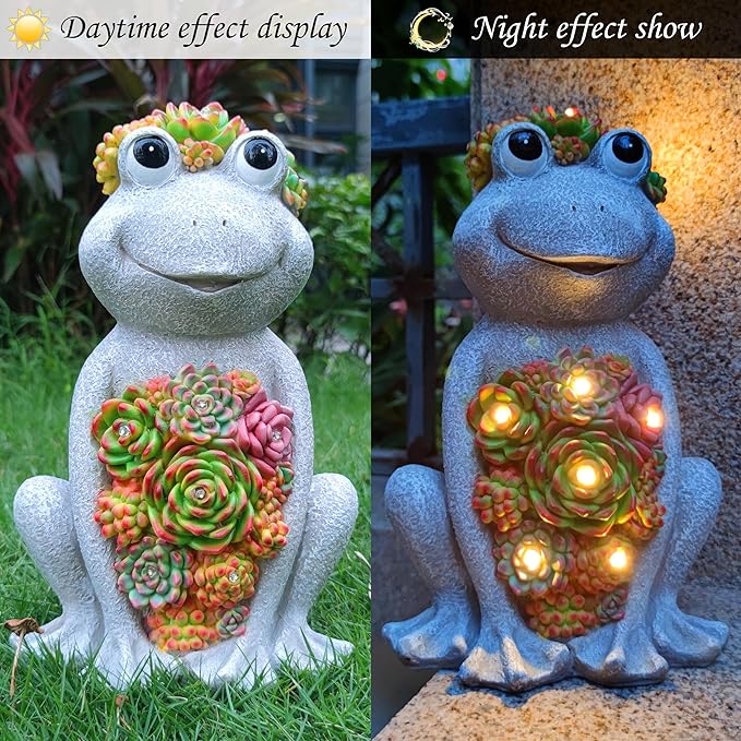 Large Frog Solar Garden Outdoor Statues with Succulent and 8 LED Lights,Outside Solar Frog Art Decor for Lawn,Yard, Balcony Ornament-Ruum Studio Home