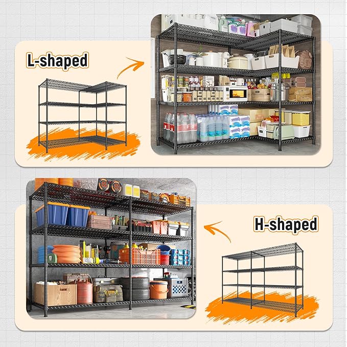 REIBII 81.5''W Storage Shelves 3680LBS Garage Shelving Heavy Duty 4 Tier Metal Shelving Unit Adjustable Wire Shelf and Storage Pantry Shelves for Kitchen Garage, 81.5Wx23.62Dx70.86H，Black, 2PCS-Ruum Studio Home
