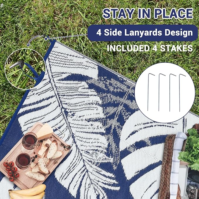 GAOMON Large Outdoor Plastic Rug 10x14 Waterproof Straw Rug Reversible Foldable Camping Mat with Stakes & Bag, Modern Tropical Leaf Farmhouse Outside Carpet for Patio RV Garden Deck, Blue-Ruum Studio Home