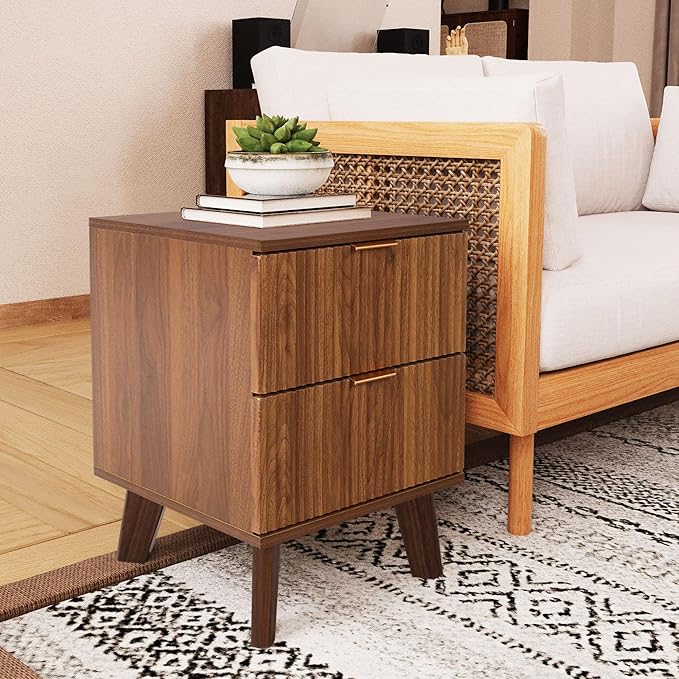 Fluted Nightstand, Mid Century Modern 2 Drawer Bedside Table for Bedroom, Small Dresser Night Stand Side End Table with Wood Fluted Drawer Storage for Bedroom Closet(Walnut)-Ruum Studio Home