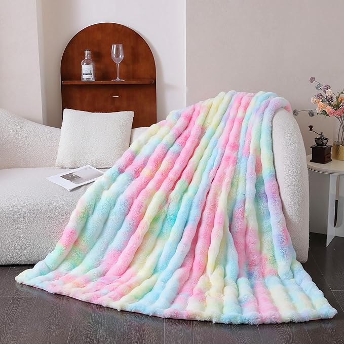 UKELER Colorful Faux Fur Throw Blanket Twin Size, Large Super Soft Fluffy Bed Blankets Throws for Bedroom, Living Room, Couch, Sofa, Office, Camping Plush Furry Blanket 60''x80''-Ruum Studio Home
