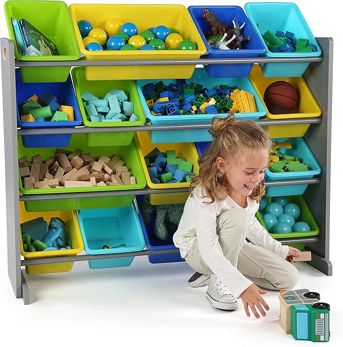 Humble Crew Supersized Toy Storage Organizer with 16 Removable Bins, Grey/Blue/Green/Yellow – Large Toy Storage for Toddlers Ideal for Kids' Rooms, Playrooms, and Nurseries - Modern Toy Bins for Kids-Ruum Studio Home