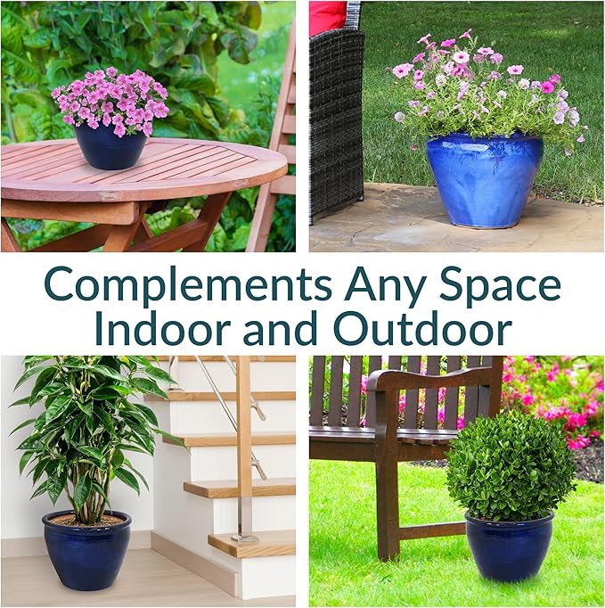 Sunnydaze Chalet Large Ceramic Plant Pot - Round Outdoor Glazed Ceramic Planter Pot with Drainage - Imperial Blue - 14.5"-Ruum Studio Home