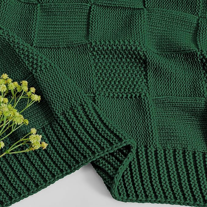 CozeCube Knit Throw Blanket, Green Checkered Throw for Couch, Soft Cozy Warm Knitted Blanket for Bed Sofa Living Room, 60"X80", Forest Green-Ruum Studio Home